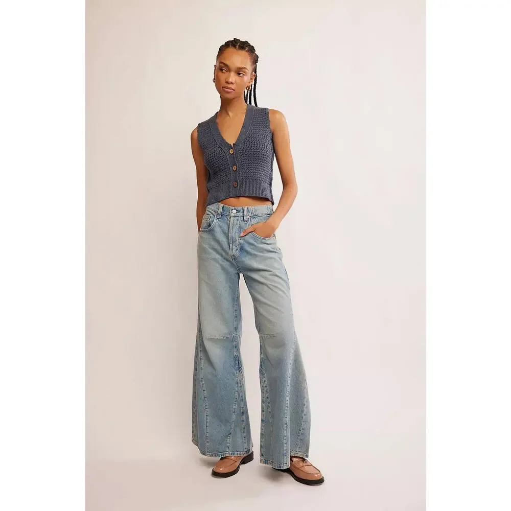 Free People Ava Knit Vest Blue XS Button-Up Sleeveless Shirt Vest Boho Chic
